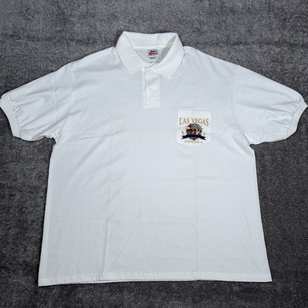 Hanes Stedman Polo Shirt Men's XL White Las Vegas Pocket Vintage Poker Gambling
